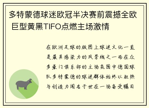 多特蒙德球迷欧冠半决赛前震撼全欧 巨型黄黑TIFO点燃主场激情 多特蒙德球迷欧冠半决赛前震撼全欧 巨型黄黑TIFO点燃主场激情